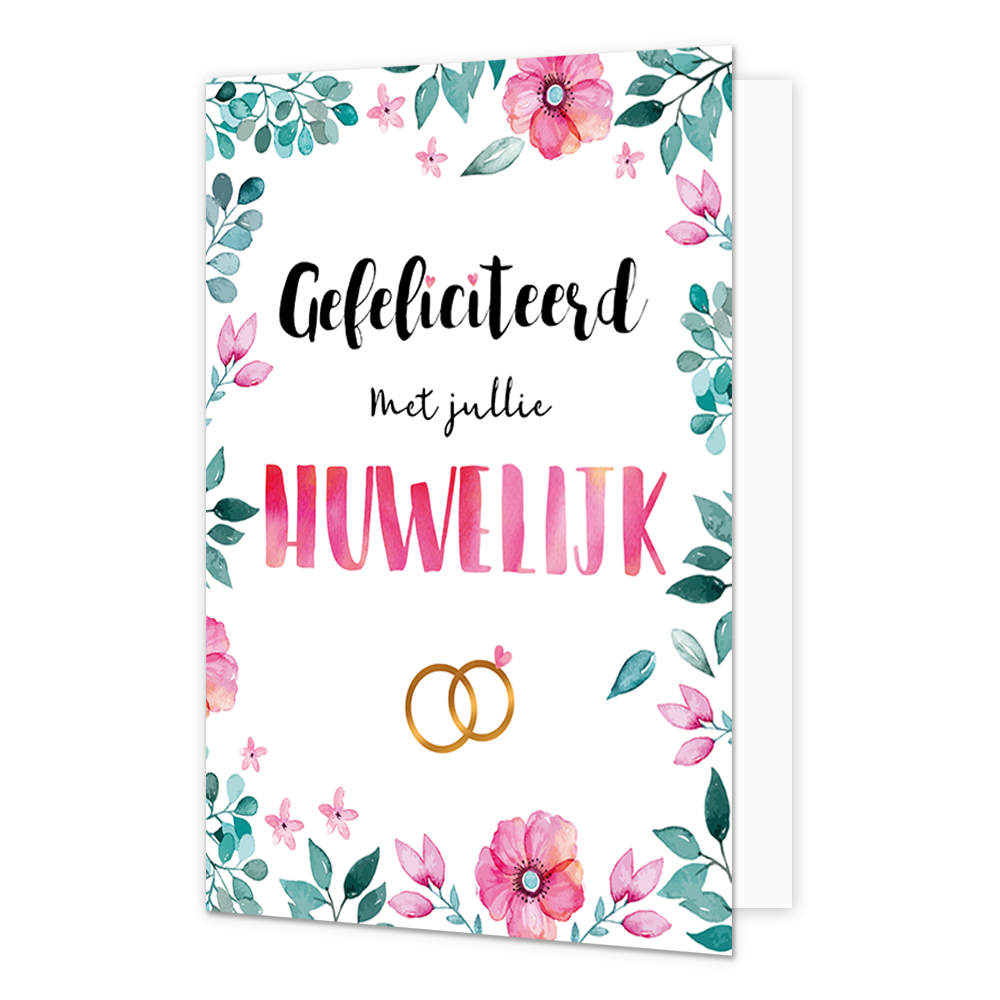 XL kaart - Gefeliciteerd met jullie huwelijk - Formaat: Groot - Vorm: Staand - Huwelijkskaart - Op deze wenskaart staan roze bloemen en groene bladeren met in het midden de tekst: "Gefeliciteerd met jullie huwelijk". - Snelwenskaart