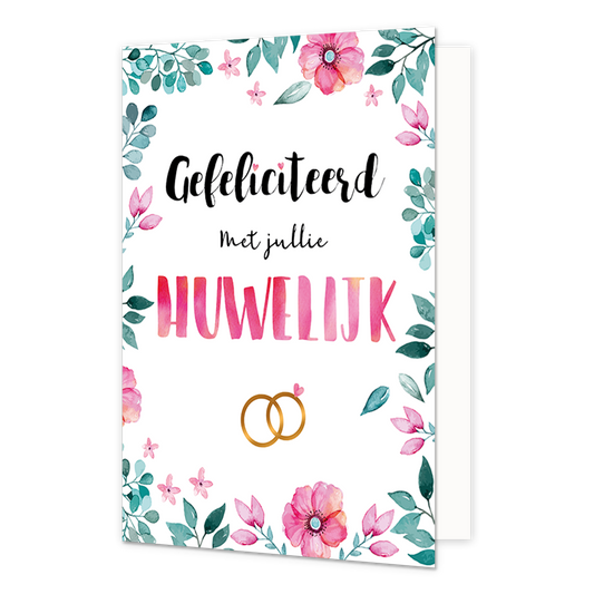 XL kaart - Gefeliciteerd met jullie huwelijk - Formaat: Groot - Vorm: Staand - Huwelijkskaart - Op deze wenskaart staan roze bloemen en groene bladeren met in het midden de tekst: "Gefeliciteerd met jullie huwelijk". - Snelwenskaart
