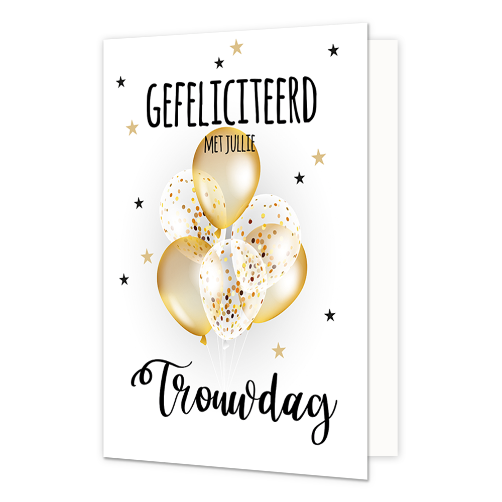 XL kaart - Gefeliciteerd met jullie trouwdag - Formaat: Groot - Vorm: Staand - Huwelijkskaart - Op deze wenskaart staan ballonnen met sterren en de tekst: "Gefeliciteerd met jullie trouwdag". - Snelwenskaart