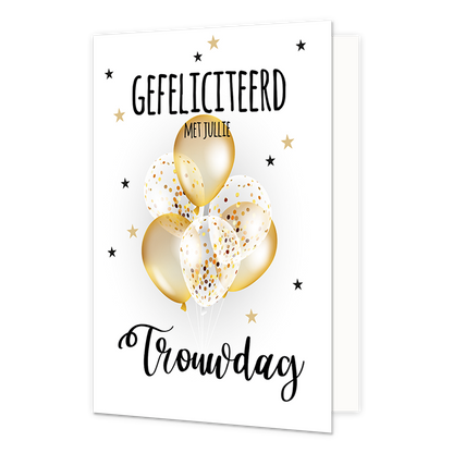 XL kaart - Gefeliciteerd met jullie trouwdag - Formaat: Groot - Vorm: Staand - Huwelijkskaart - Op deze wenskaart staan ballonnen met sterren en de tekst: "Gefeliciteerd met jullie trouwdag". - Snelwenskaart