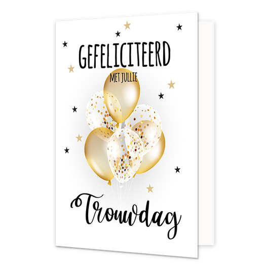 XL kaart - Gefeliciteerd met jullie trouwdag - Formaat: Groot - Vorm: Staand - Huwelijkskaart - Op deze wenskaart staan ballonnen met sterren en de tekst: "Gefeliciteerd met jullie trouwdag". - Snelwenskaart