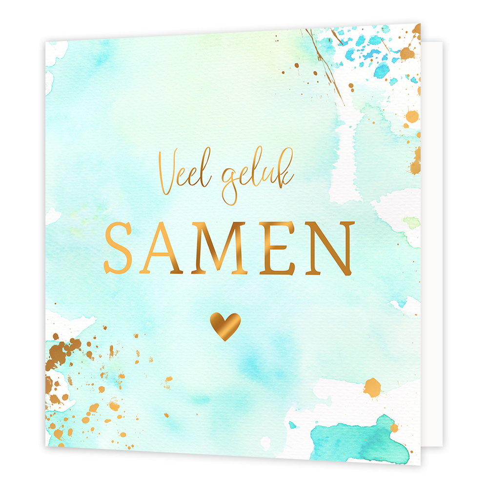 XL kaart - Veel geluk samen - Formaat: Groot - Vorm: Vierkant - Huwelijkskaart - Op deze artistieke wenskaart staat een ontwerp met de kleuren goud, blauw, wit en mintgroen. In de illustratie staat de tekst: "Veel geluk samen". - Snelwenskaart