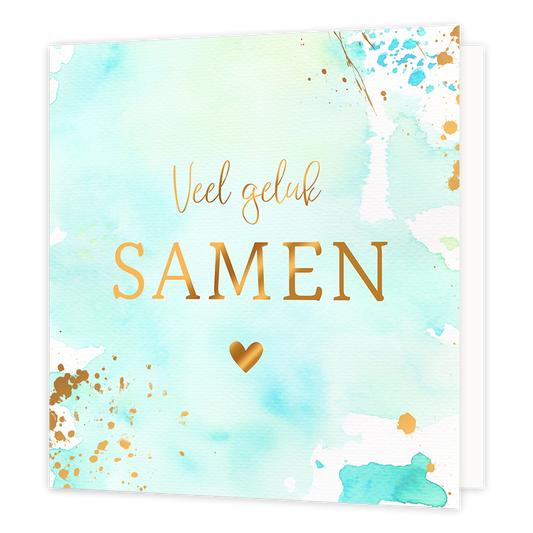 XL kaart - Veel geluk samen - Formaat: Groot - Vorm: Vierkant - Huwelijkskaart - Op deze artistieke wenskaart staat een ontwerp met de kleuren goud, blauw, wit en mintgroen. In de illustratie staat de tekst: "Veel geluk samen". - Snelwenskaart