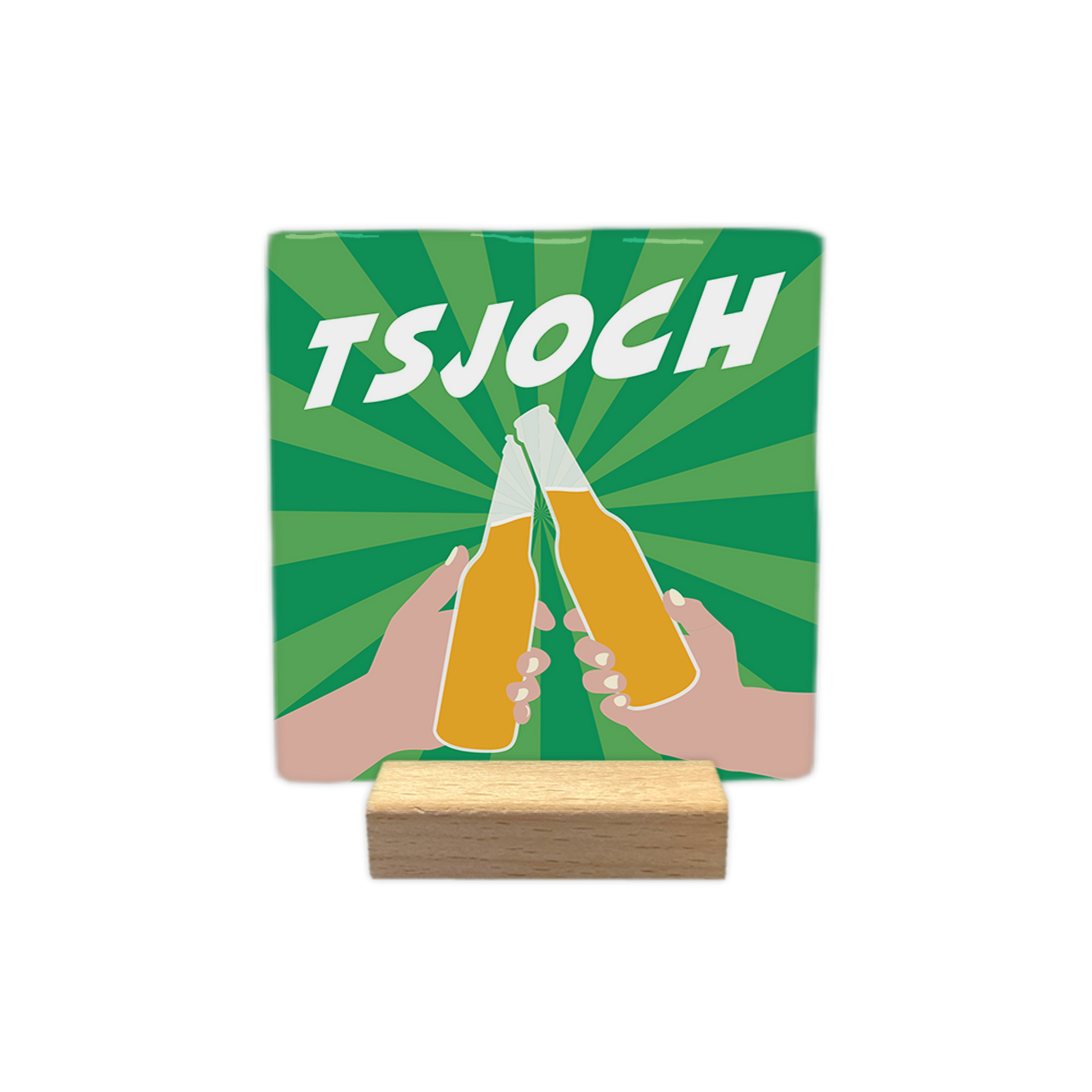 Tsjoch - Decoratie tegel - Formaat: - Op deze decoratie tegel staat de tekst "TSJOCH" in witte letters bovenaan afgebeeld. Onder de tekst is een afbeelding te zien van twee handen die een toost uitbrengen met bierflesjes. De achtergrond heeft een groenkleurig patroon met stralen. - Snelwenskaart