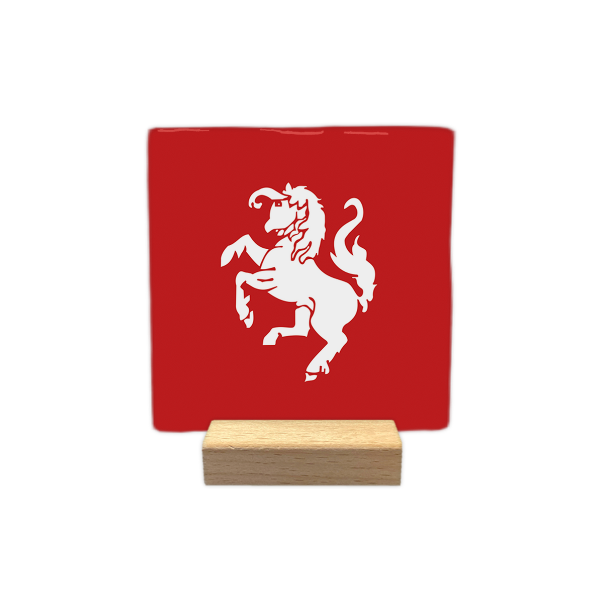 Twente - Decoratie tegel - Formaat: - Op deze decoratie tegel staat een wit silhouet van een steigerend paard afgebeeld. De achtergrond is volledig rood. Het ontwerp is eenvoudig en strak gehouden. - Snelwenskaart