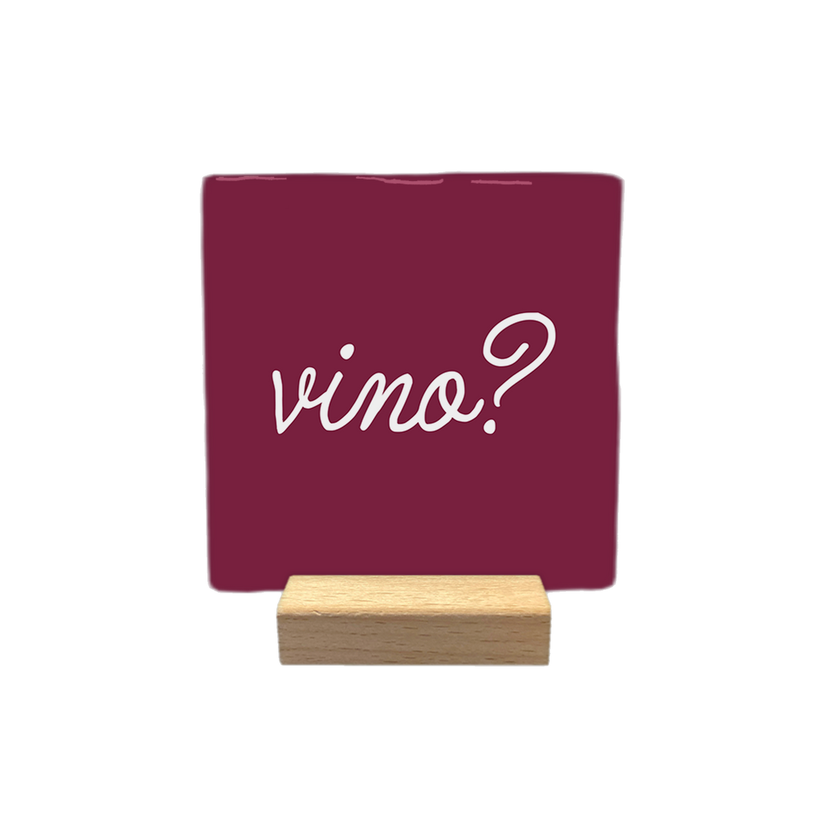 Vino? - Decoratie tegel - Formaat: - Op deze decoratietegel staat de tekst "vino?" in een sierlijk, wit handschrift. De tekst is gecentreerd op een dieprode achtergrond. - Snelwenskaart