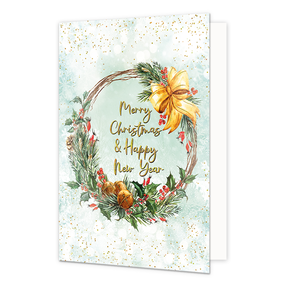 Merry christmas & happy new year - Formaat: Normaal - Vorm: Staand - Kerstkaart - Op deze kerstkaart staat een kerstkrans met in het midden de tekst: "Merry christmas & happy new year". - Snelwenskaart