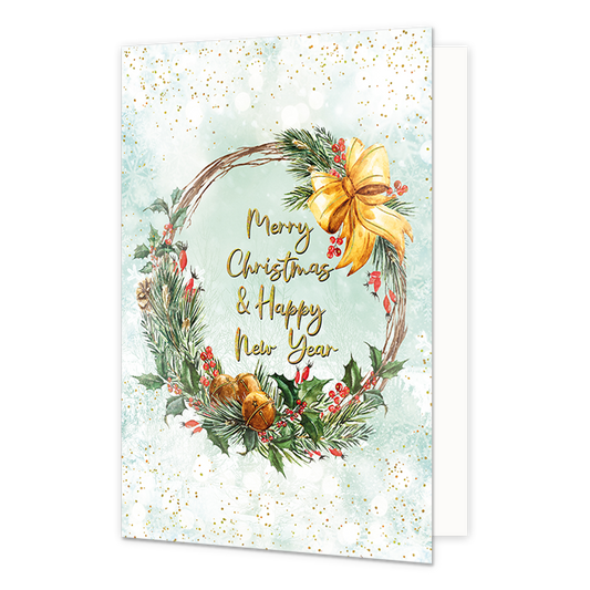 Merry christmas & happy new year - Formaat: Normaal - Vorm: Staand - Kerstkaart - Op deze kerstkaart staat een kerstkrans met in het midden de tekst: "Merry christmas & happy new year". - Snelwenskaart