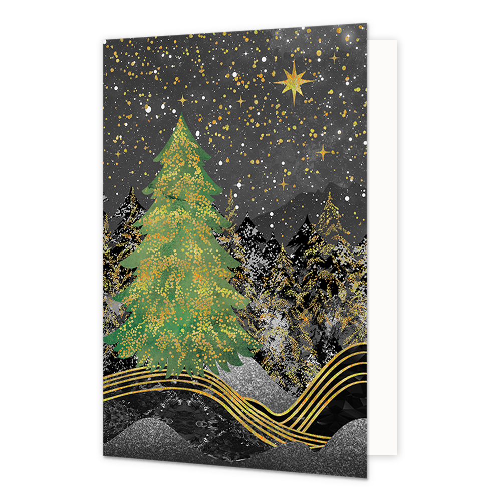 Bomen - Formaat: Normaal - Vorm: Staand - Kerstkaart - Op deze kerstkaart staat een bos met bomen in een nachtlandschap. - Snelwenskaart