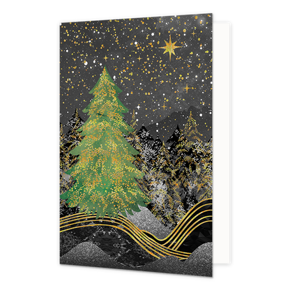 Bomen - Formaat: Normaal - Vorm: Staand - Kerstkaart - Op deze kerstkaart staat een bos met bomen in een nachtlandschap. - Snelwenskaart