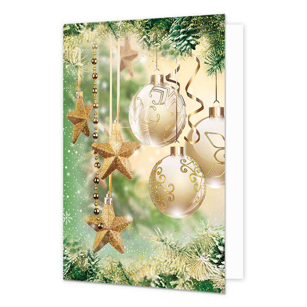 Kerstballen - Formaat: Normaal - Vorm: Staand - Kerstkaart - Op deze kerstkaart staan drie gouden kerstballen en gouden kerststerren. - Snelwenskaart