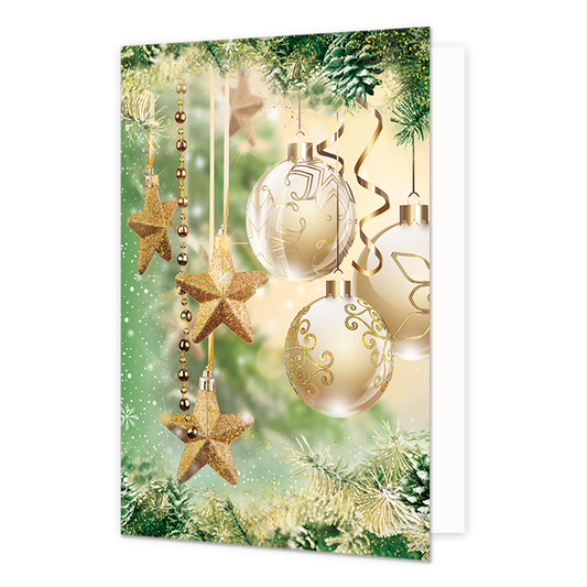 Kerstballen - Formaat: Normaal - Vorm: Staand - Kerstkaart - Op deze kerstkaart staan drie gouden kerstballen en gouden kerststerren. - Snelwenskaart