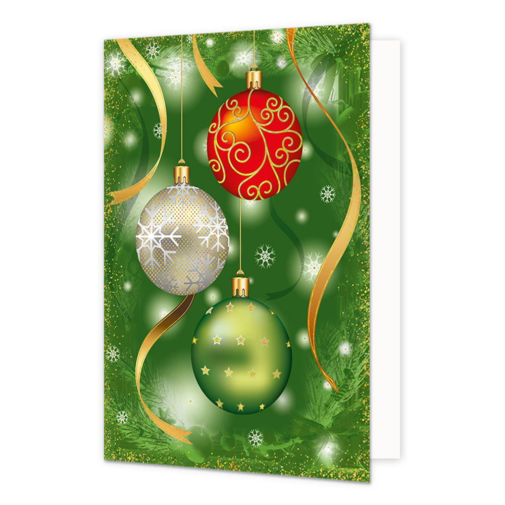 Kerstballen - Formaat: Normaal - Vorm: Staand - Kerstkaart - Op deze kerstkaart staan drie kerstballen in de kleuren rood, goud en groen. - Snelwenskaart