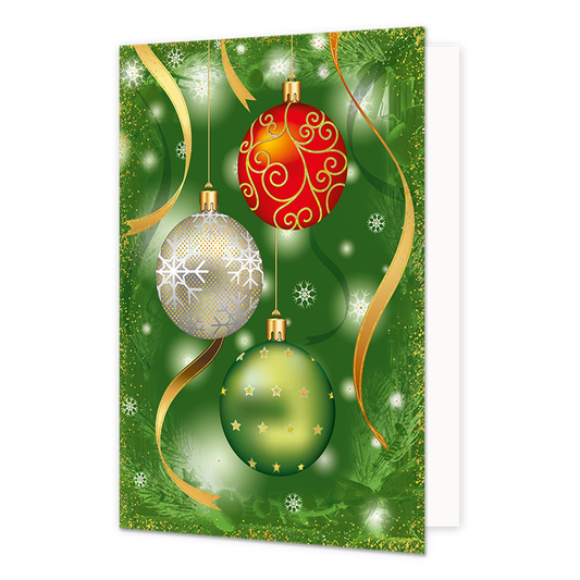 Kerstballen - Formaat: Normaal - Vorm: Staand - Kerstkaart - Op deze kerstkaart staan drie kerstballen in de kleuren rood, goud en groen. - Snelwenskaart
