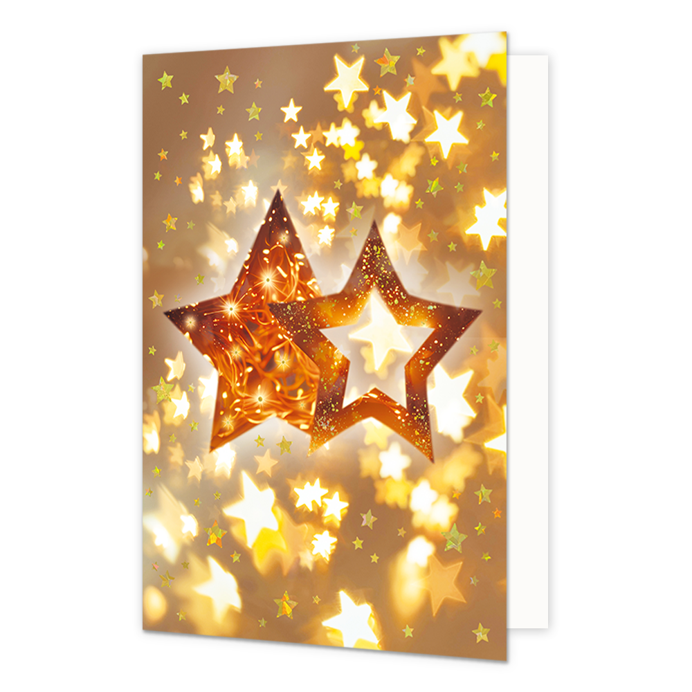 Sterren - Formaat: Normaal - Vorm: Staand - Kerstkaart - Op deze kerstkaart staan twee gouden sterren omringt door kleinere sterren. - Snelwenskaart