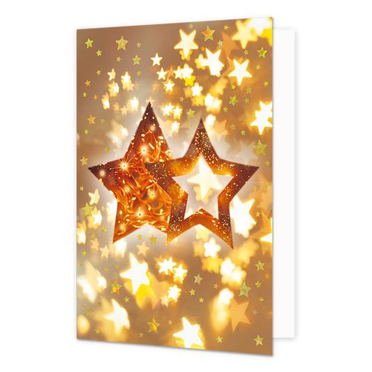 Sterren - Formaat: Normaal - Vorm: Staand - Kerstkaart - Op deze kerstkaart staan twee gouden sterren omringt door kleinere sterren. - Snelwenskaart