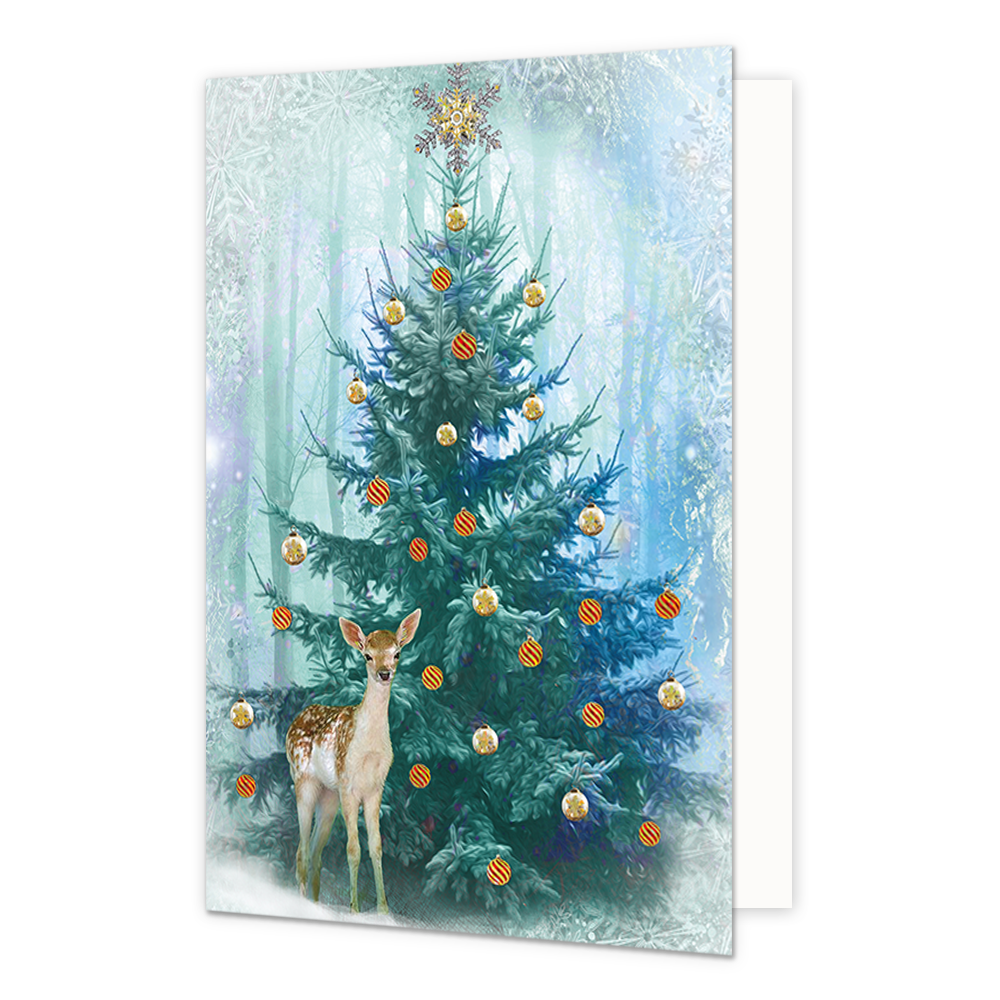 Kerstboom - Formaat: Normaal - Vorm: Staand - Kerstkaart - Op deze kerstkaart staat een kerstboom in het bos met een rendier. - Snelwenskaart