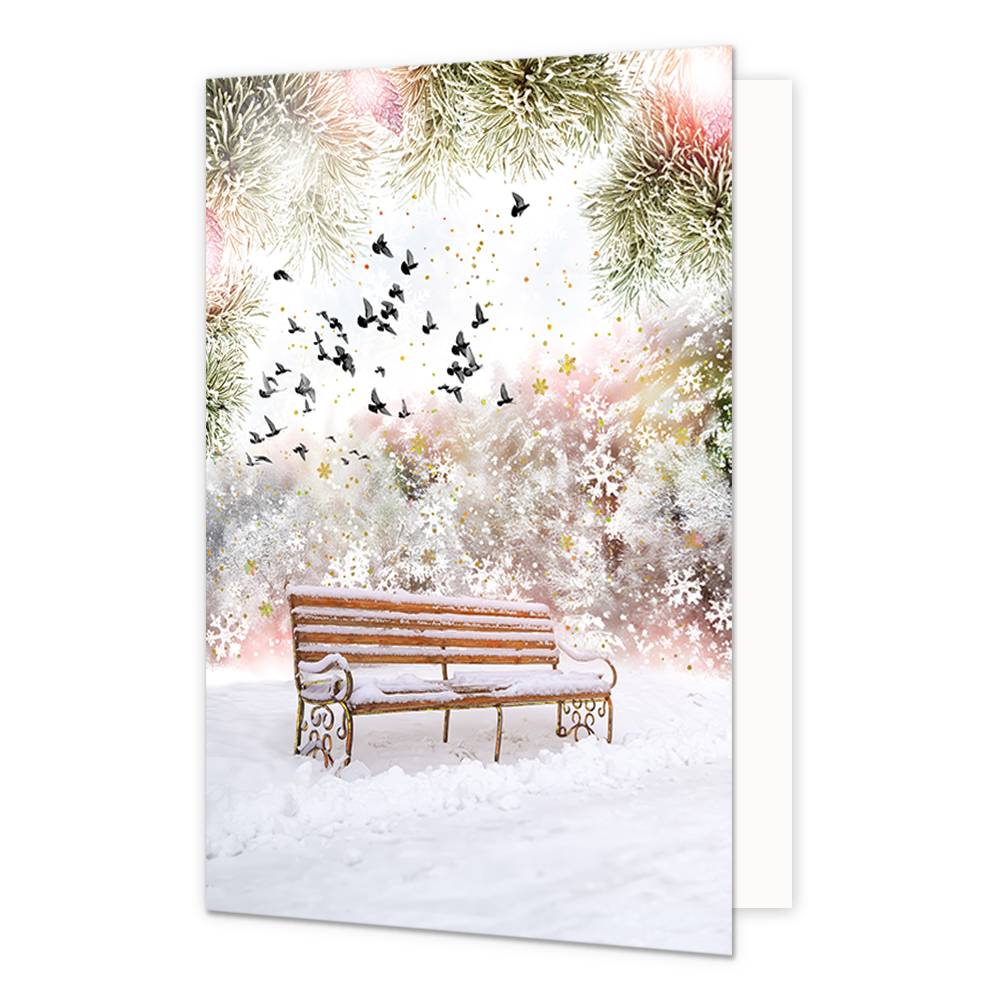 Bankje - Formaat: Normaal - Vorm: Staand - Kerstkaart - Op deze kerstkaart staat een bankje in het bos, onder de sneeuw. - Snelwenskaart
