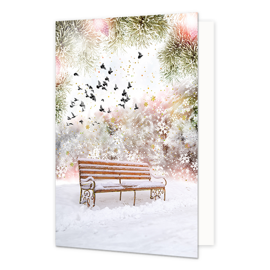 Bankje - Formaat: Normaal - Vorm: Staand - Kerstkaart - Op deze kerstkaart staat een bankje in het bos, onder de sneeuw. - Snelwenskaart