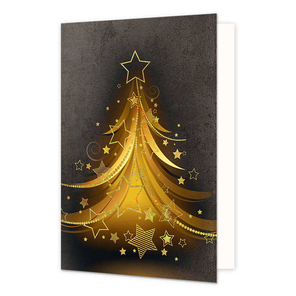 Kerstboom - Formaat: Normaal - Vorm: Staand - Kerstkaart - Op deze kerstkaart staat een gouden kerstboom op een zwarte achtergrond. - Snelwenskaart