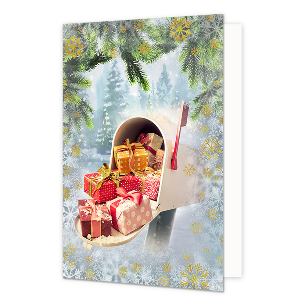 Cadeau brievenbus - Formaat: Normaal - Vorm: Staand - Kerstkaart - Op deze kerstkaart staat een brievenbus waar cadeaus uit komen. - Snelwenskaart