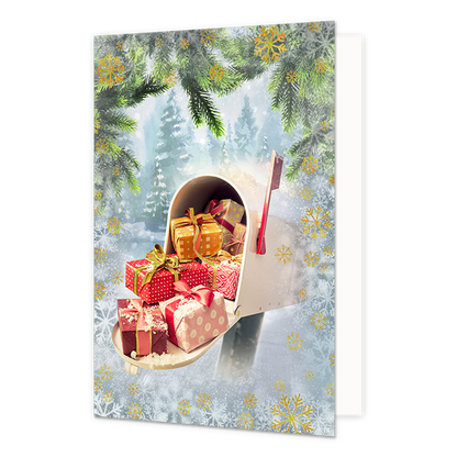 Cadeau brievenbus - Formaat: Normaal - Vorm: Staand - Kerstkaart - Op deze kerstkaart staat een brievenbus waar cadeaus uit komen. - Snelwenskaart