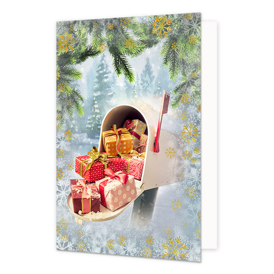 Cadeau brievenbus - Formaat: Normaal - Vorm: Staand - Kerstkaart - Op deze kerstkaart staat een brievenbus waar cadeaus uit komen. - Snelwenskaart