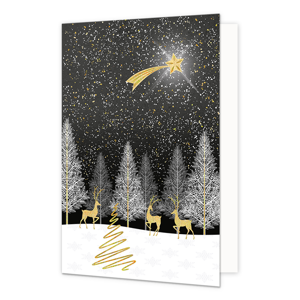 Rendieren in het bos - Formaat: Normaal - Vorm: Staand - Kerstkaart - Op deze kerstkaart staan gouden rendieren die door het bos heen lopen. - Snelwenskaart