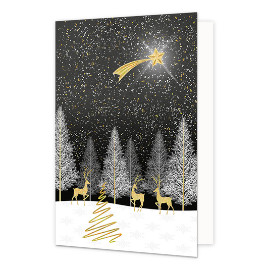 Rendieren in het bos - Formaat: Normaal - Vorm: Staand - Kerstkaart - Op deze kerstkaart staan gouden rendieren die door het bos heen lopen. - Snelwenskaart