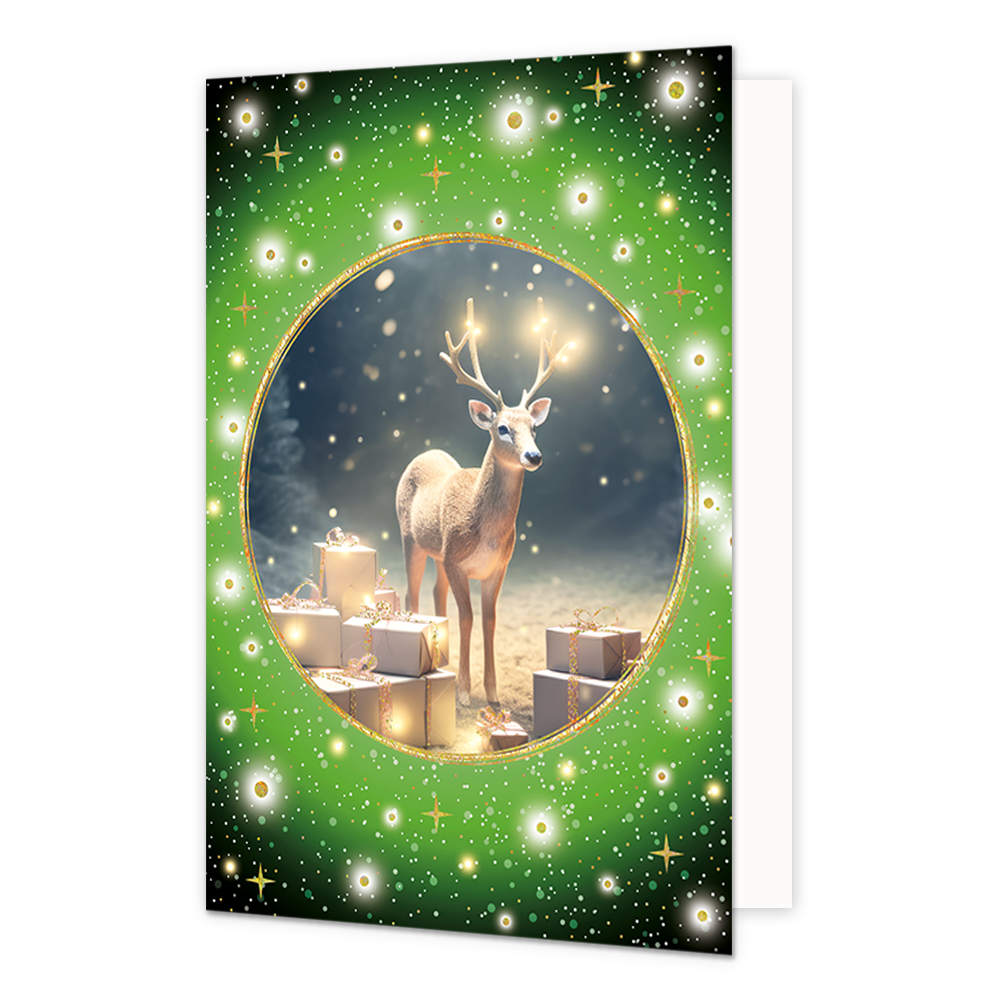 Rendier - Formaat: Normaal - Vorm: Staand - Kerstkaart - Op deze kerstkaart staat een rendier omringt door cadeaus. - Snelwenskaart