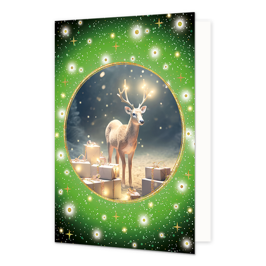 Rendier - Formaat: Normaal - Vorm: Staand - Kerstkaart - Op deze kerstkaart staat een rendier omringt door cadeaus. - Snelwenskaart