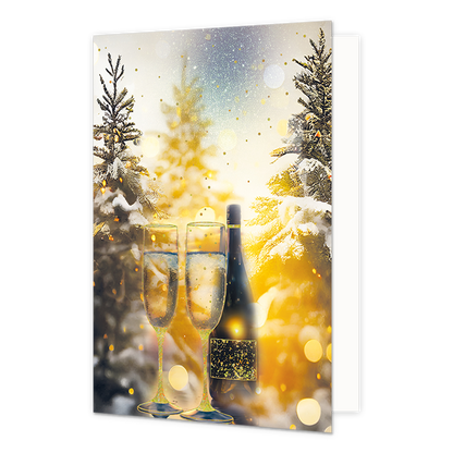 Champagne - Formaat: Standaard - Vorm: Staand - Kerstkaart - Op deze kerstkaart staat een champagnefles met twee champagneglazen. - Snelwenskaart