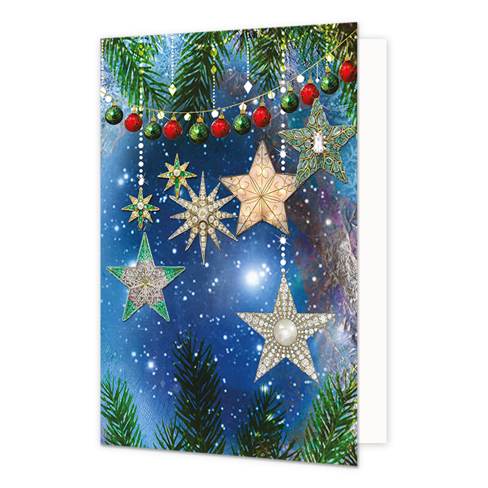 Kerststerren - Formaat: Standaard - Vorm: Staand - Kerstkaart - Op deze kerstkaart staat een slinger met kerstballen en sterren. - Snelwenskaart
