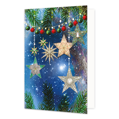 Kerststerren - Formaat: Standaard - Vorm: Staand - Kerstkaart - Op deze kerstkaart staat een slinger met kerstballen en sterren. - Snelwenskaart