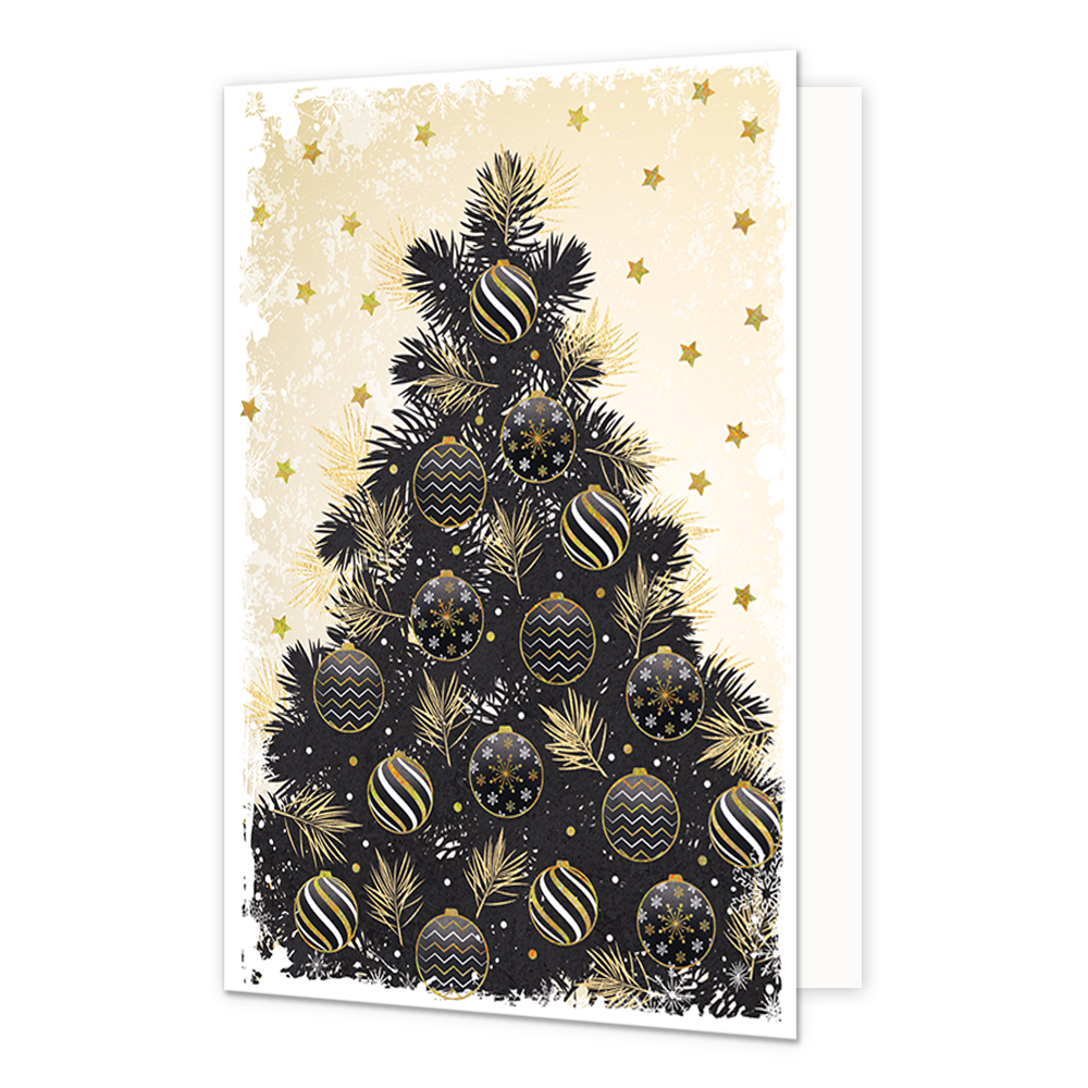 Kerstboom - Formaat: Standaard - Vorm: Staand - Kerstkaart - Op deze kerstkaart staat een kerstboom met kerstballen in de kleuren zwart, goud en wit. - Snelwenskaart