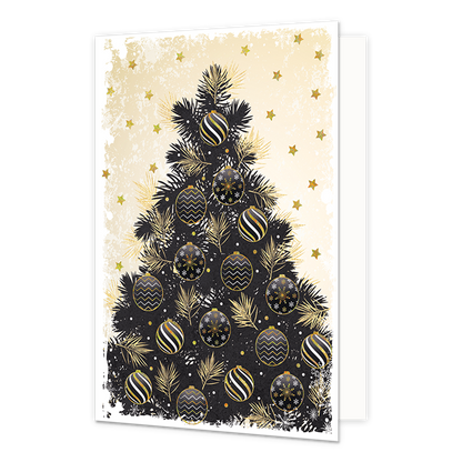 Kerstboom - Formaat: Standaard - Vorm: Staand - Kerstkaart - Op deze kerstkaart staat een kerstboom met kerstballen in de kleuren zwart, goud en wit. - Snelwenskaart