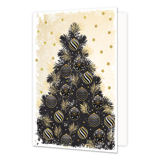 Kerstboom - Formaat: Normaal - Vorm: Staand - Kerstkaart - Op deze kerstkaart staat een kerstboom met kerstballen in de kleuren zwart, goud en wit. - Snelwenskaart
