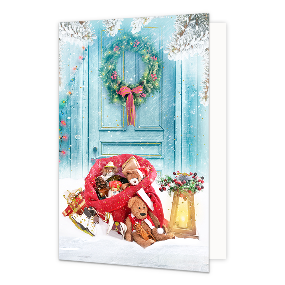 Cadeauzak - Formaat: Standaard - Vorm: Staand - Kerstkaart - Op deze kerstkaart staat een zak met cadeaus voor een voordeur. - Snelwenskaart