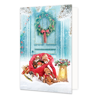 Cadeauzak - Formaat: Standaard - Vorm: Staand - Kerstkaart - Op deze kerstkaart staat een zak met cadeaus voor een voordeur. - Snelwenskaart