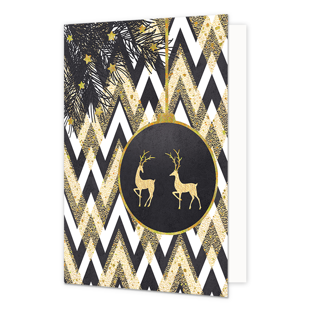 Kerstbal - Formaat: Standaard - Vorm: Staand - Kerstkaart - Op deze kerstkaart staat een kerstbal met twee gouden rendieren erop. - Snelwenskaart