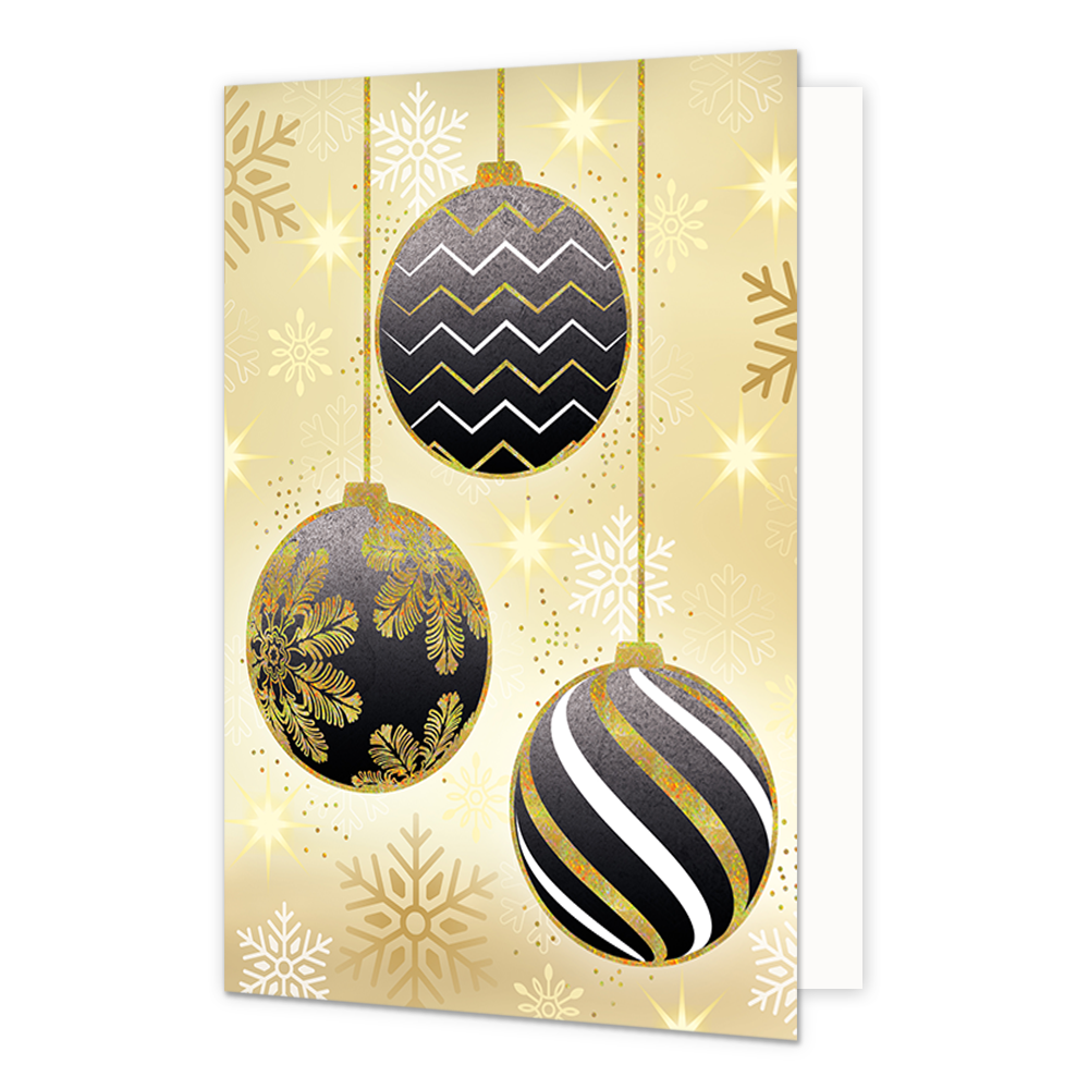 Kerstballen - Formaat: Standaard - Vorm: Staand - Kerstkaart - Op deze kerstkaart staan drie kerstballen met de kleuren zwart, goud en wit. - Snelwenskaart