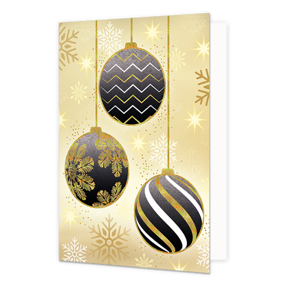 Kerstballen - Formaat: Standaard - Vorm: Staand - Kerstkaart - Op deze kerstkaart staan drie kerstballen met de kleuren zwart, goud en wit. - Snelwenskaart