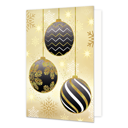 Kerstballen - Formaat: Normaal - Vorm: Staand - Kerstkaart - Op deze kerstkaart staan drie kerstballen met de kleuren zwart, goud en wit. - Snelwenskaart
