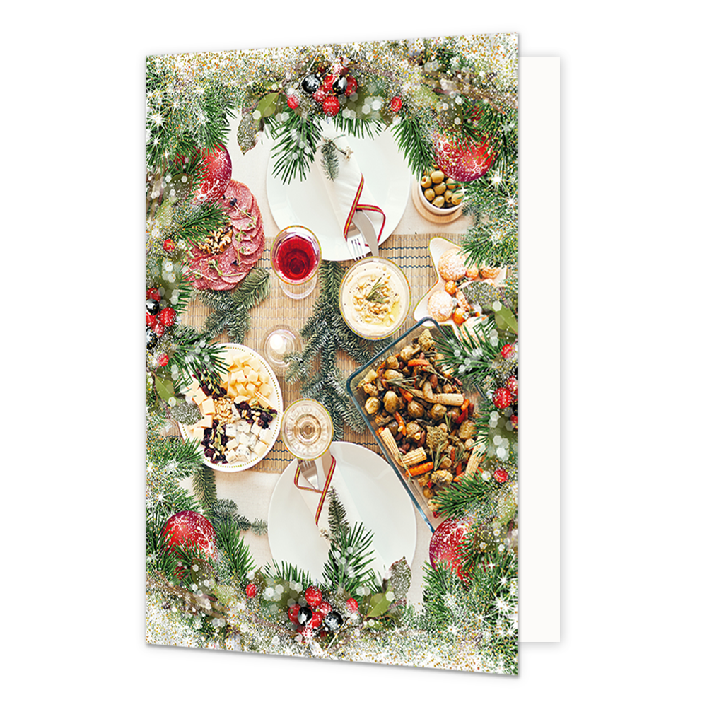 Borreltafel - Formaat: Standaard - Vorm: Staand - Kerstkaart - Op deze kerstkaart staat een tafel met borrelhapjes. - Snelwenskaart