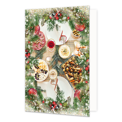 Borreltafel - Formaat: Standaard - Vorm: Staand - Kerstkaart - Op deze kerstkaart staat een tafel met borrelhapjes. - Snelwenskaart