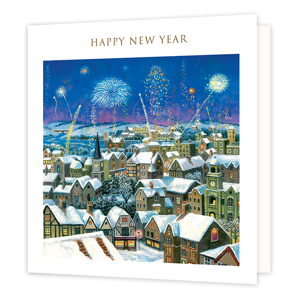 Happy new year - Formaat: Groot - Vorm: Vierkant - Kerstkaart - Op deze kerstkaart staat een stad met vuurwerk en de tekst: "Happy new year". - Snelwenskaart
