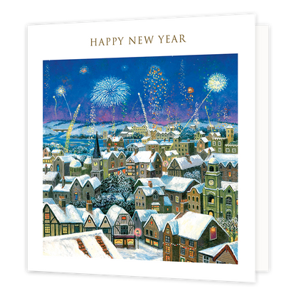 Happy new year - Formaat: Groot - Vorm: Vierkant - Kerstkaart - Op deze kerstkaart staat een stad met vuurwerk en de tekst: "Happy new year". - Snelwenskaart