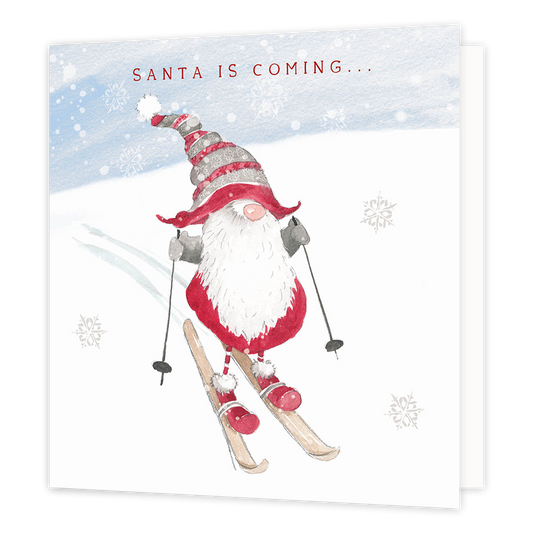Santa is coming... - Formaat: Groot - Vorm: Vierkant - Kerstkaart - Op deze kerstkaart staat een skieënde kerstman met de tekst: "Santa is coming...". - Snelwenskaart