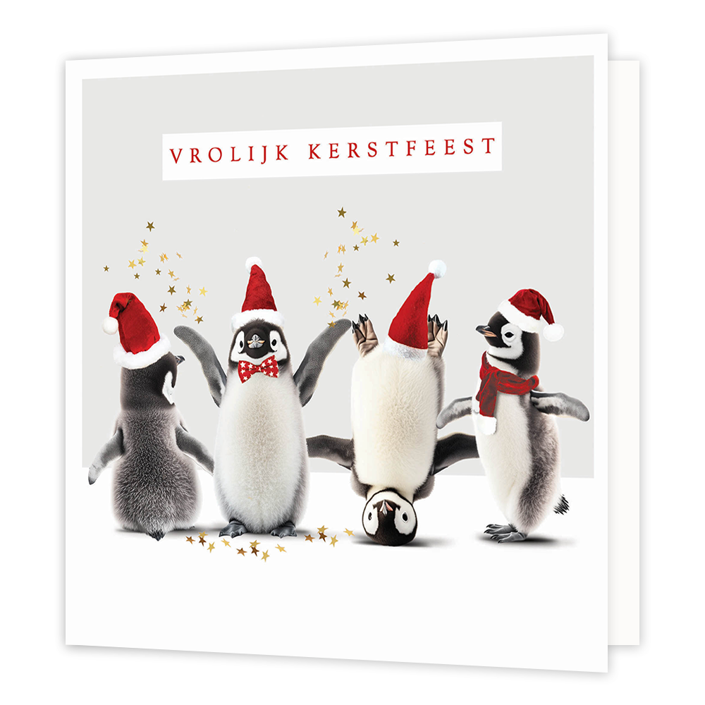 Vrolijk kerstfeest - Formaat: Groot - Vorm: Vierkant - Kerstkaart - Op deze kerstkaart staan vier pinguins met kerstmutsen op en daarboven de tekst: "Vrolijk kerstfeest". - Snelwenskaart