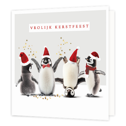 Vrolijk kerstfeest - Formaat: Groot - Vorm: Vierkant - Kerstkaart - Op deze kerstkaart staan vier pinguins met kerstmutsen op en daarboven de tekst: "Vrolijk kerstfeest". - Snelwenskaart